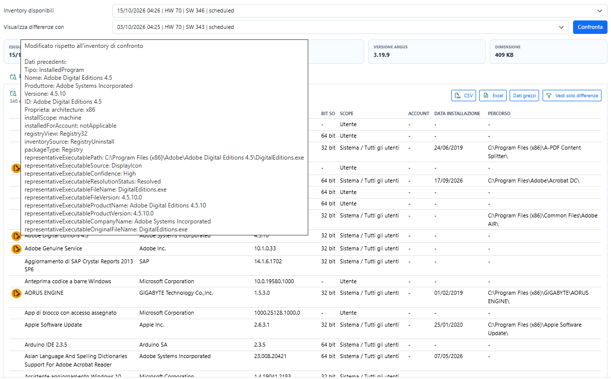 Confronto storico tra due inventari software Argus con dettaglio delle modifiche