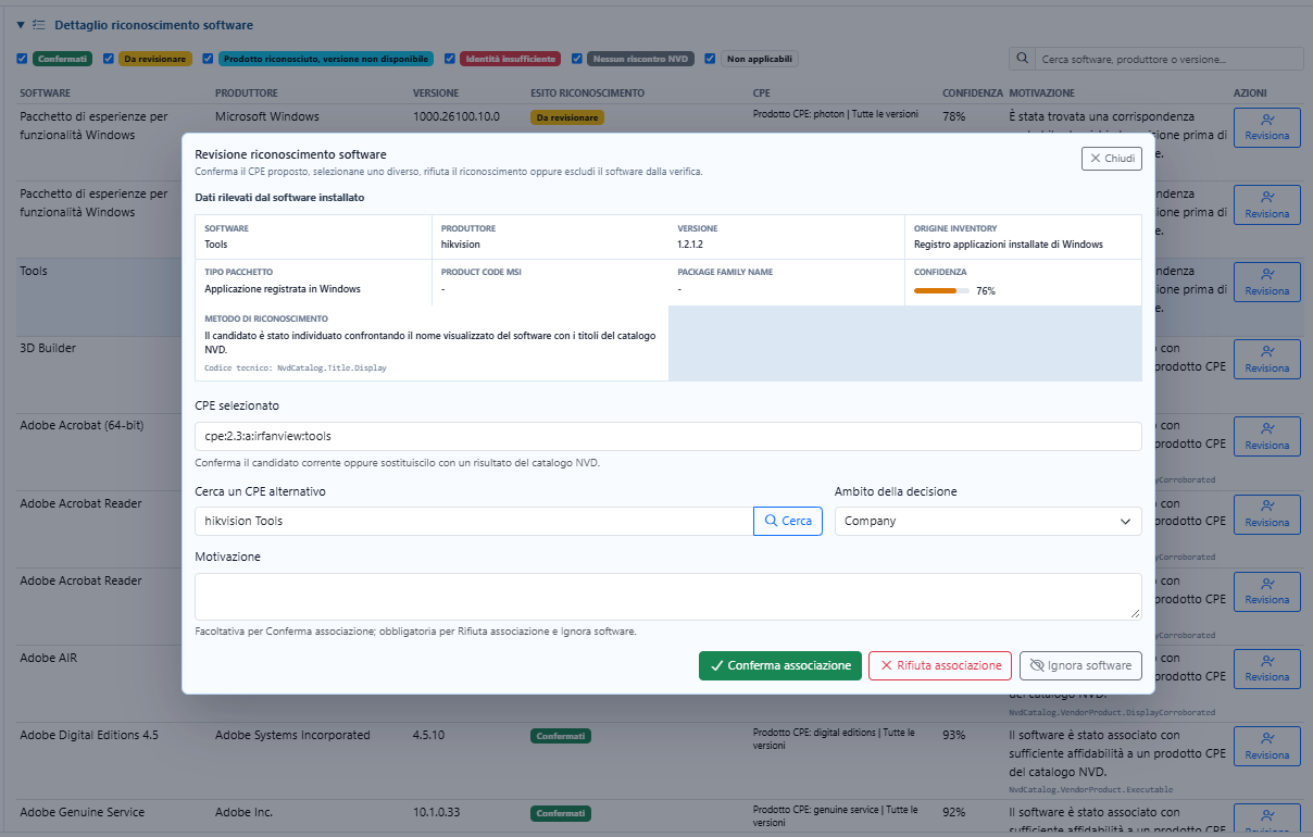 Revisione assistita del riconoscimento CPE di un software in Argus