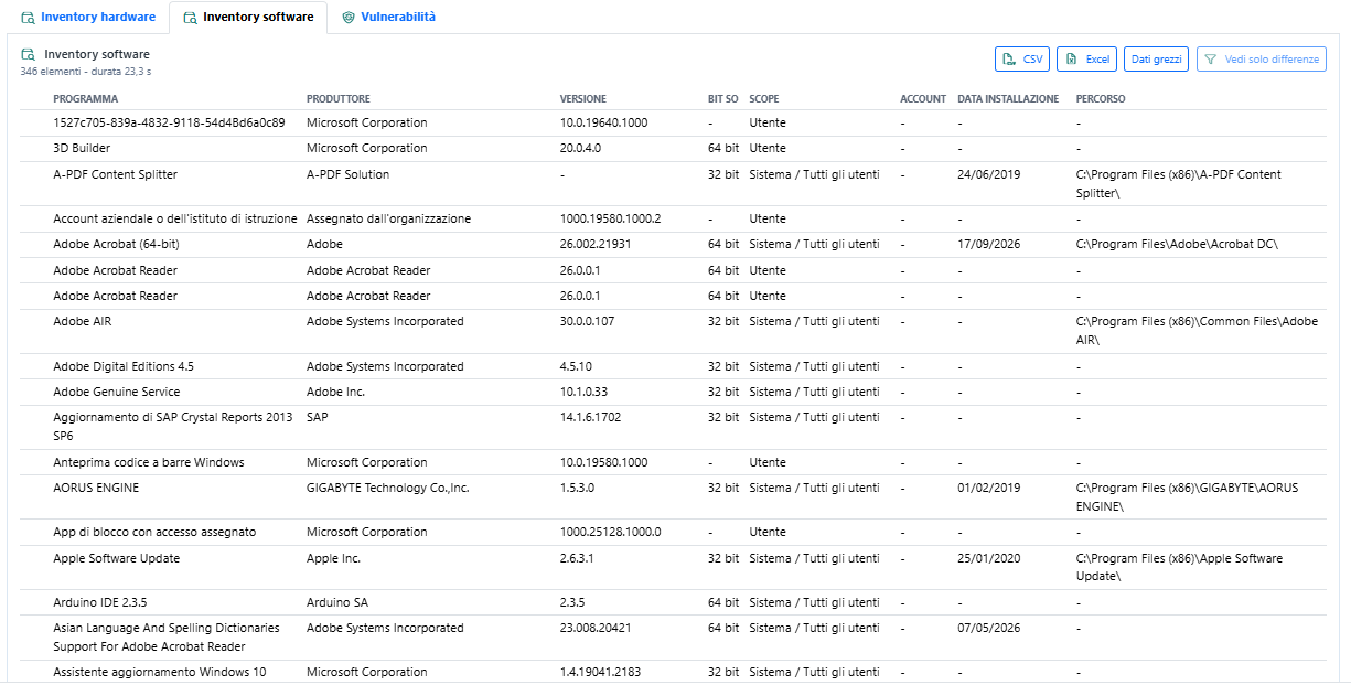 Inventario software Argus con programmi, produttori, versioni e percorsi