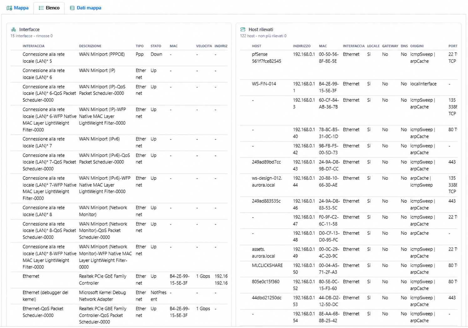 Elenco di interfacce e host consolidati da Network Discovery