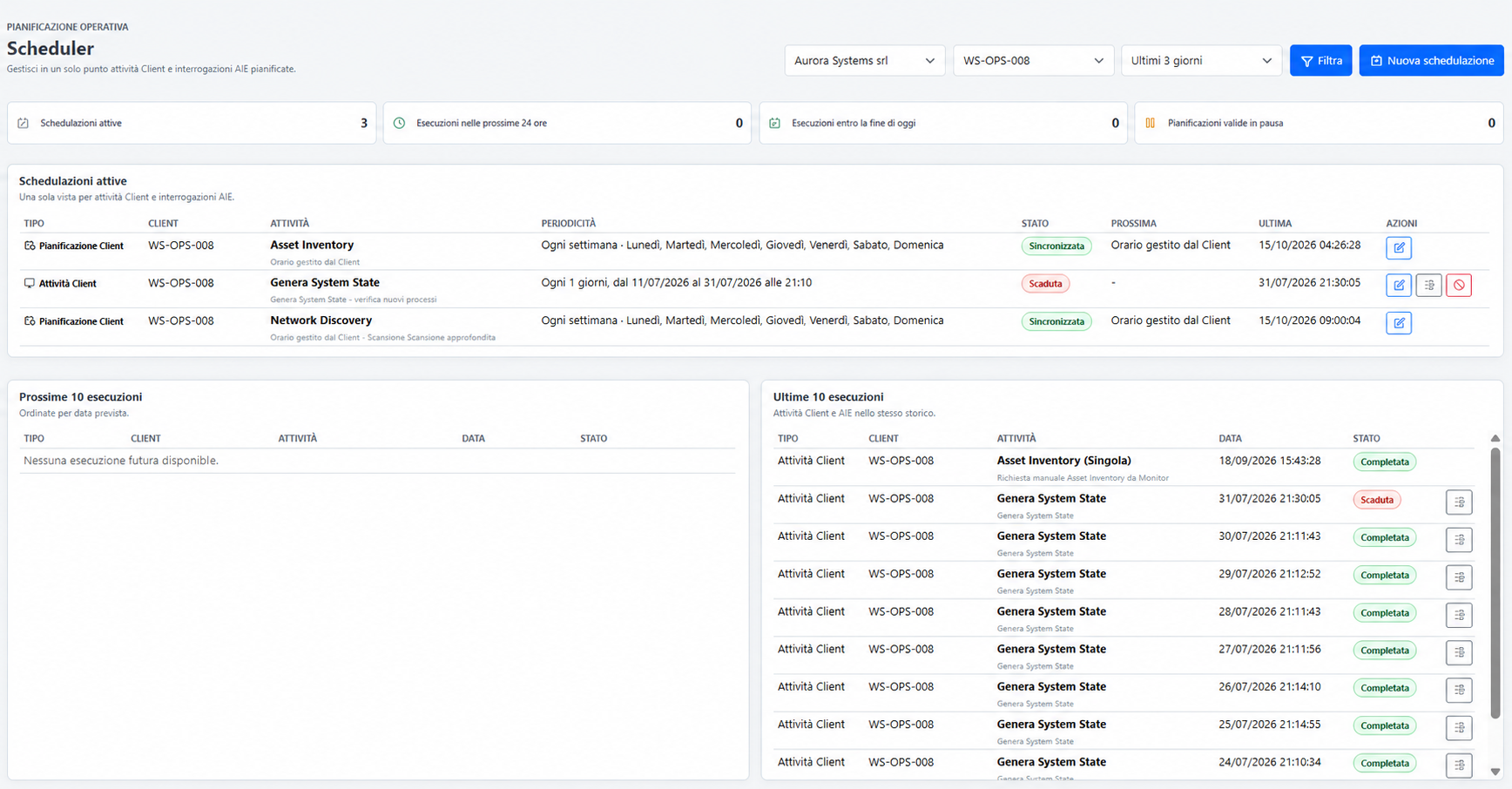 Console Scheduler di Argus con pianificazioni attive, prossime esecuzioni e storico