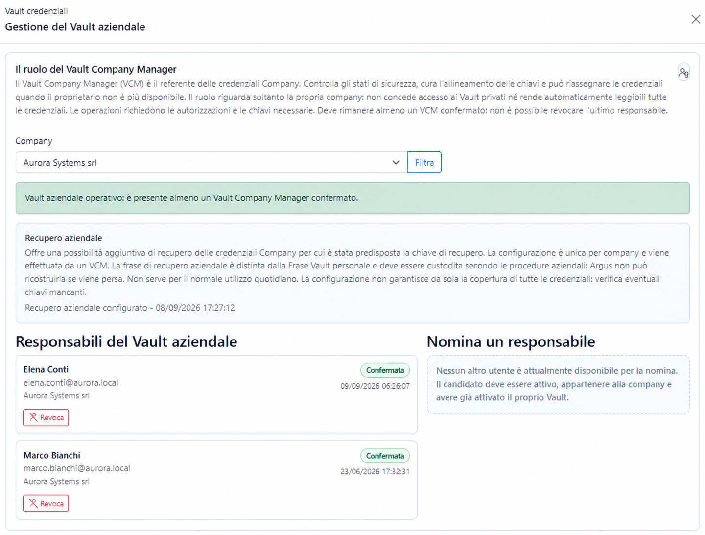 Gestione dei Vault Company Manager e del recupero aziendale