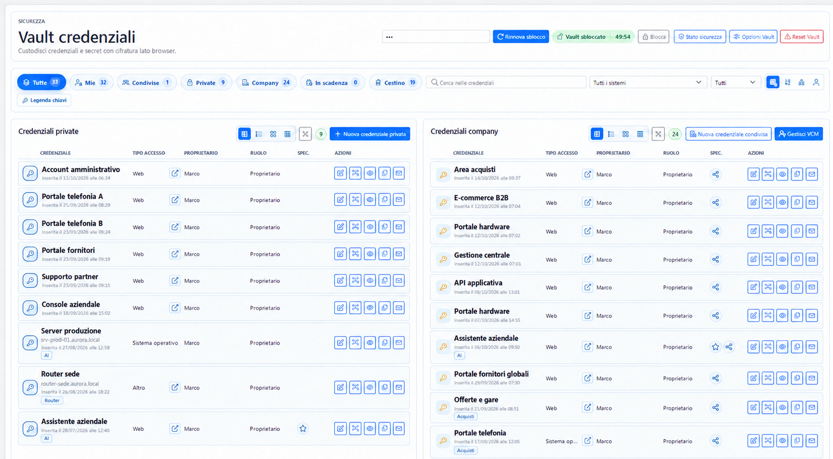 Vista generale del Password Vault Argus con credenziali private e company