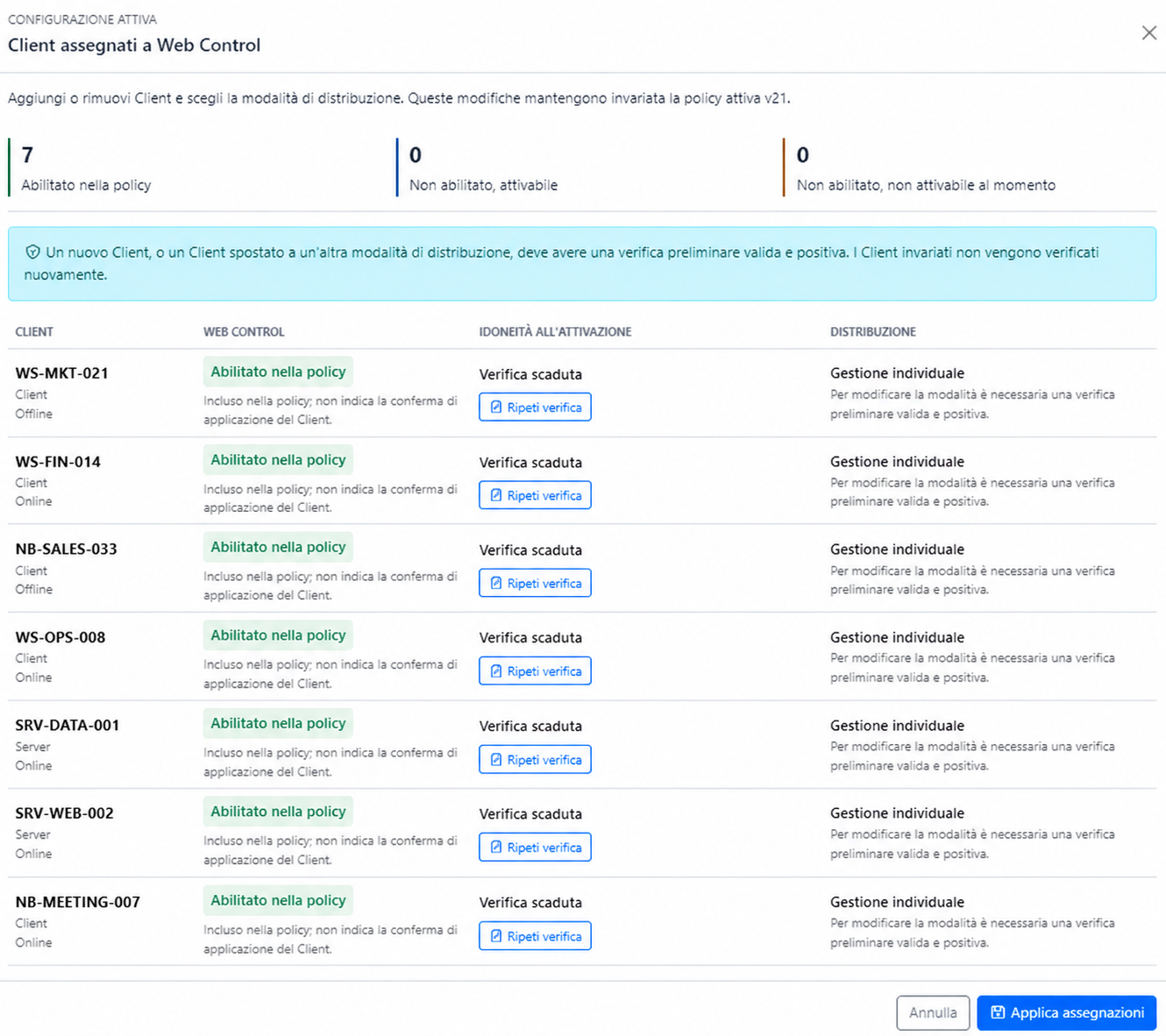 Assegnazione dei Client alla policy Web Control
