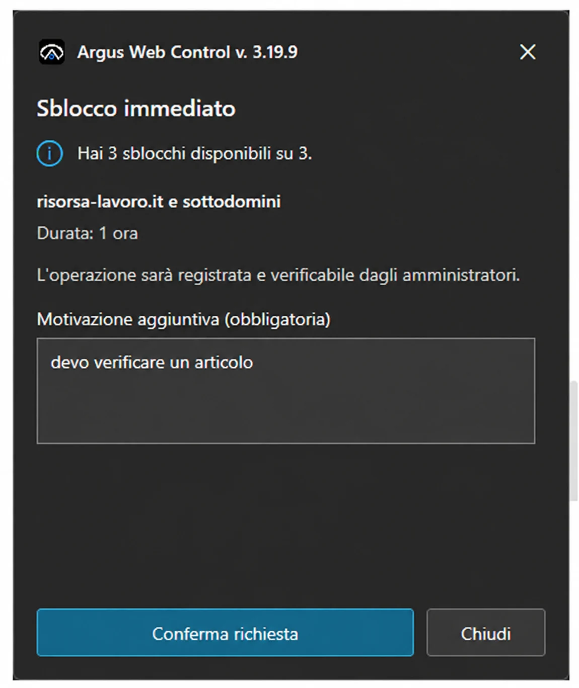 Conferma Argus di uno sblocco immediato con disponibilità residua e tracciamento