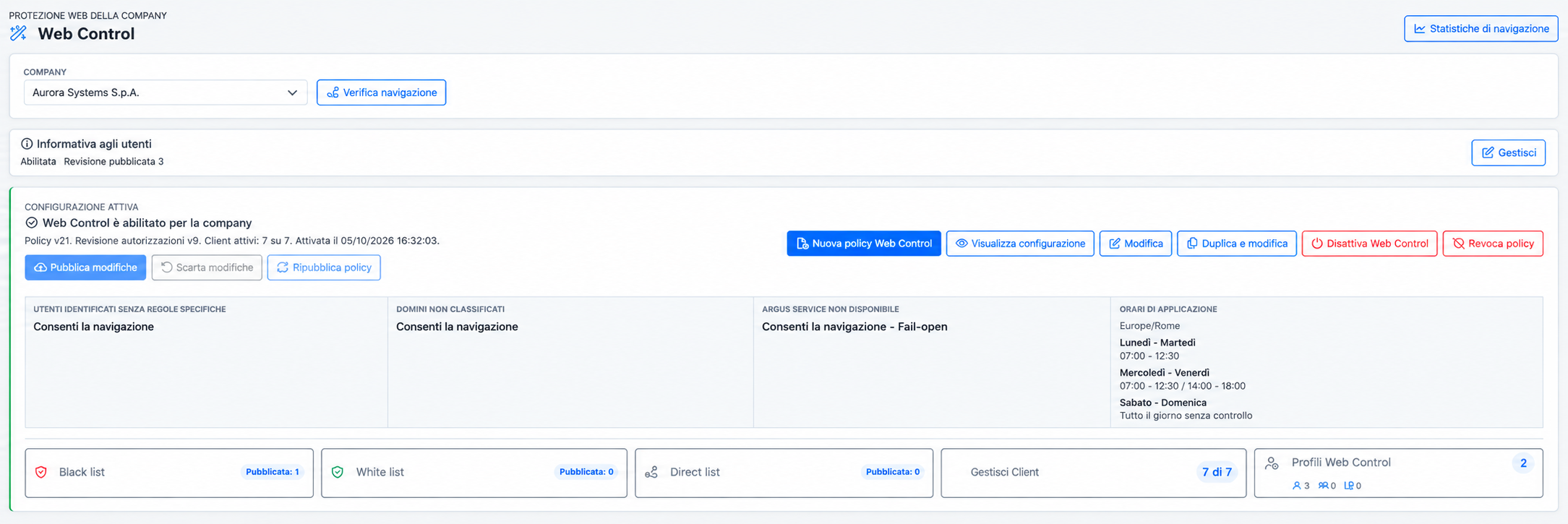 Policy Web Control con regole, liste e orari di applicazione