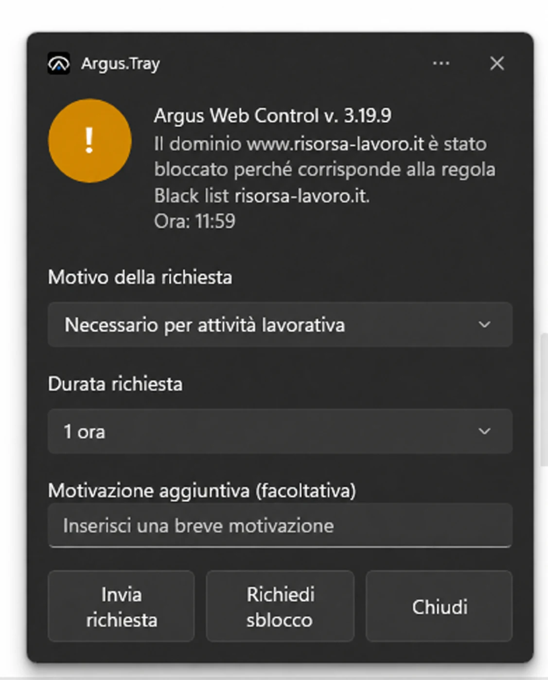 Finestra Argus Web Control per richiedere uno sblocco approvato o immediato